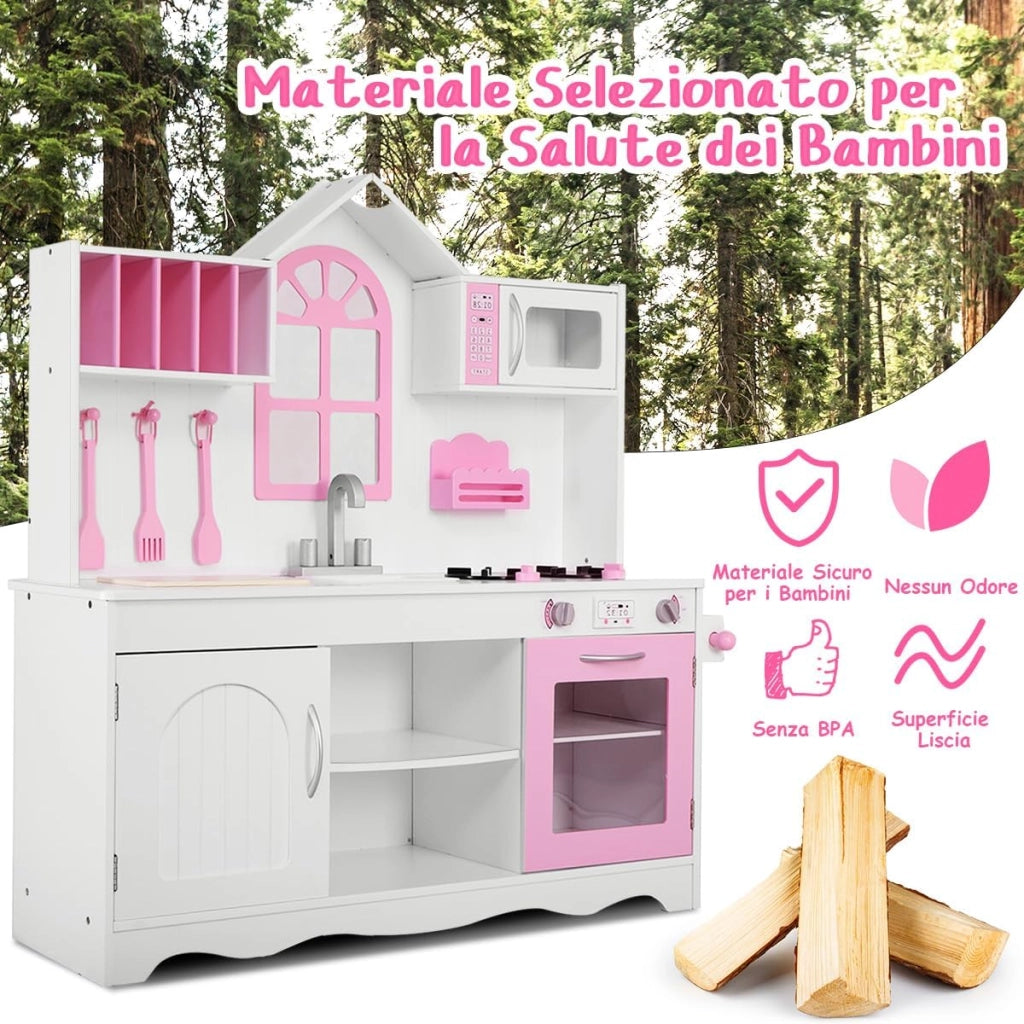 Cucina Giocattolo per Bambini, Cucina Legno per Bambini con Forno, Microonde, Lavello e Rubinetto, con Accessori da Cucina, per 3+ Anni