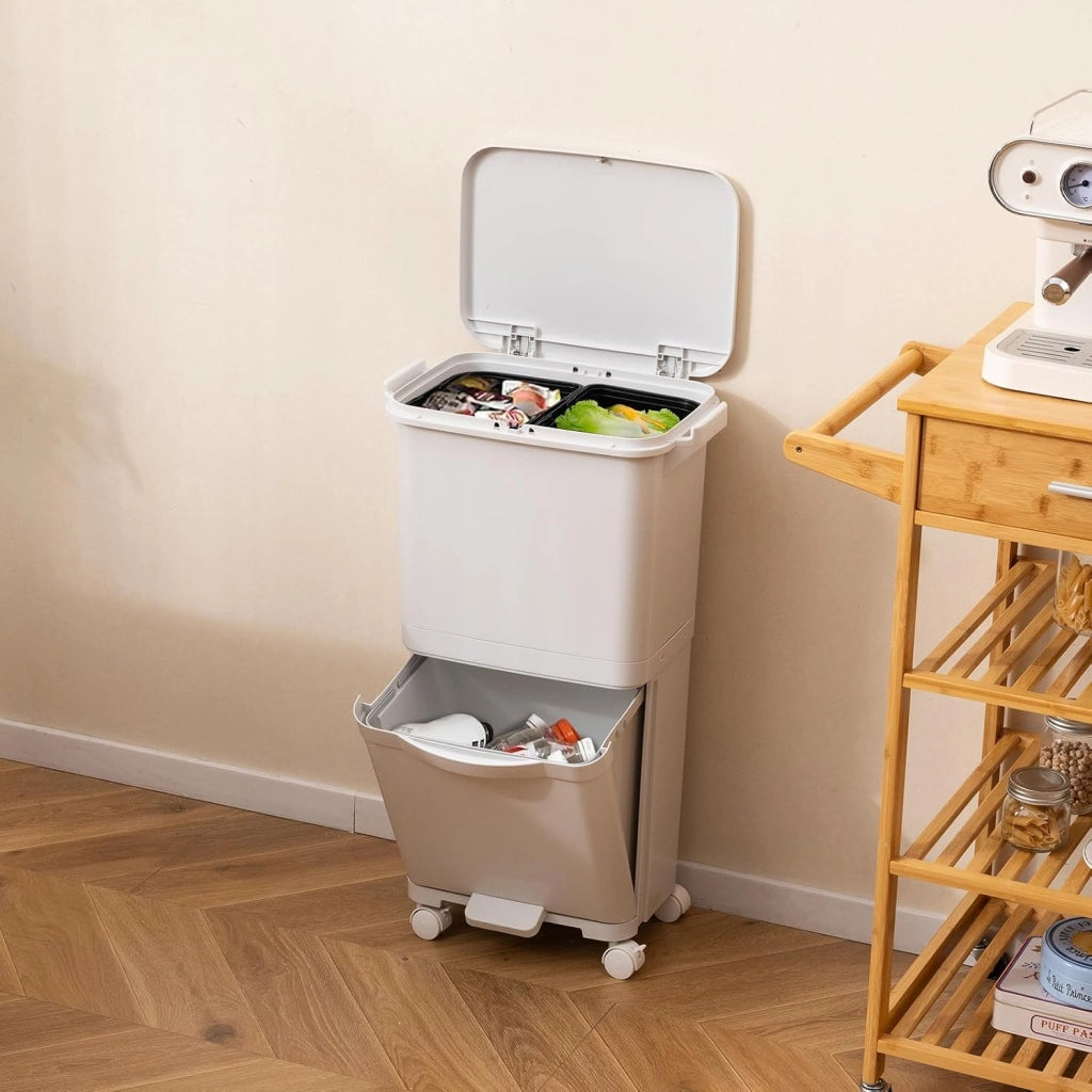 40L Pattumiera Differenziata a 3 Scomparti, Bidone per Spazzatura con Cestino Rimovibile e 4 Ruote, Secchio Rifiuti a Pedale per Cucina Sala da Pranzo Soggiorno (Bianco)