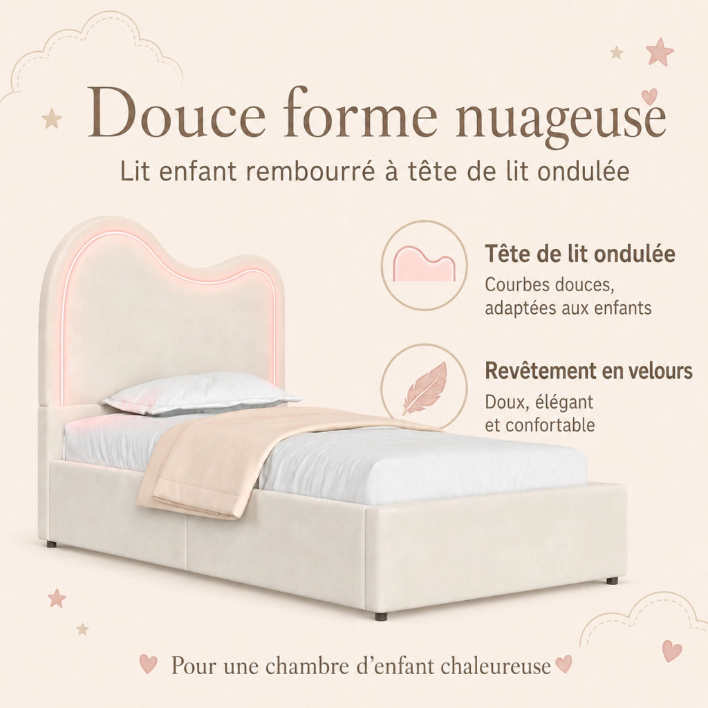 Letto contenitore singolo 90x200 cm per bambini; imbottito; sollevamento idraulico; rete a doghe; velluto beige