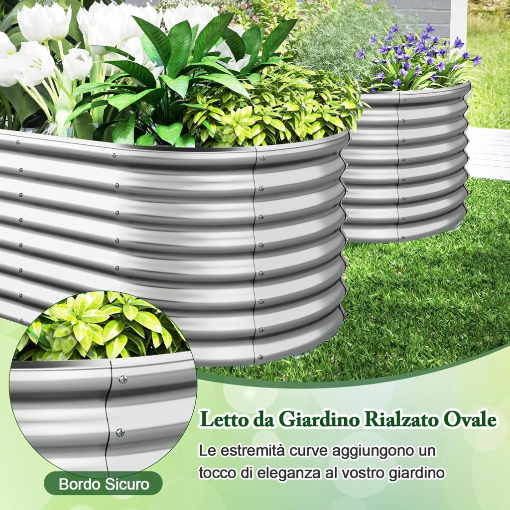 Letto da Esterno Rialzato in Metallo, Aiuola Rialzata in Ovale con Design a Fondo Aperto, Protettori d'Angolo Rinforzati, Orto Rialzato da Esterno per Verdure, Fiori, Erbe Aromatiche (Argento)