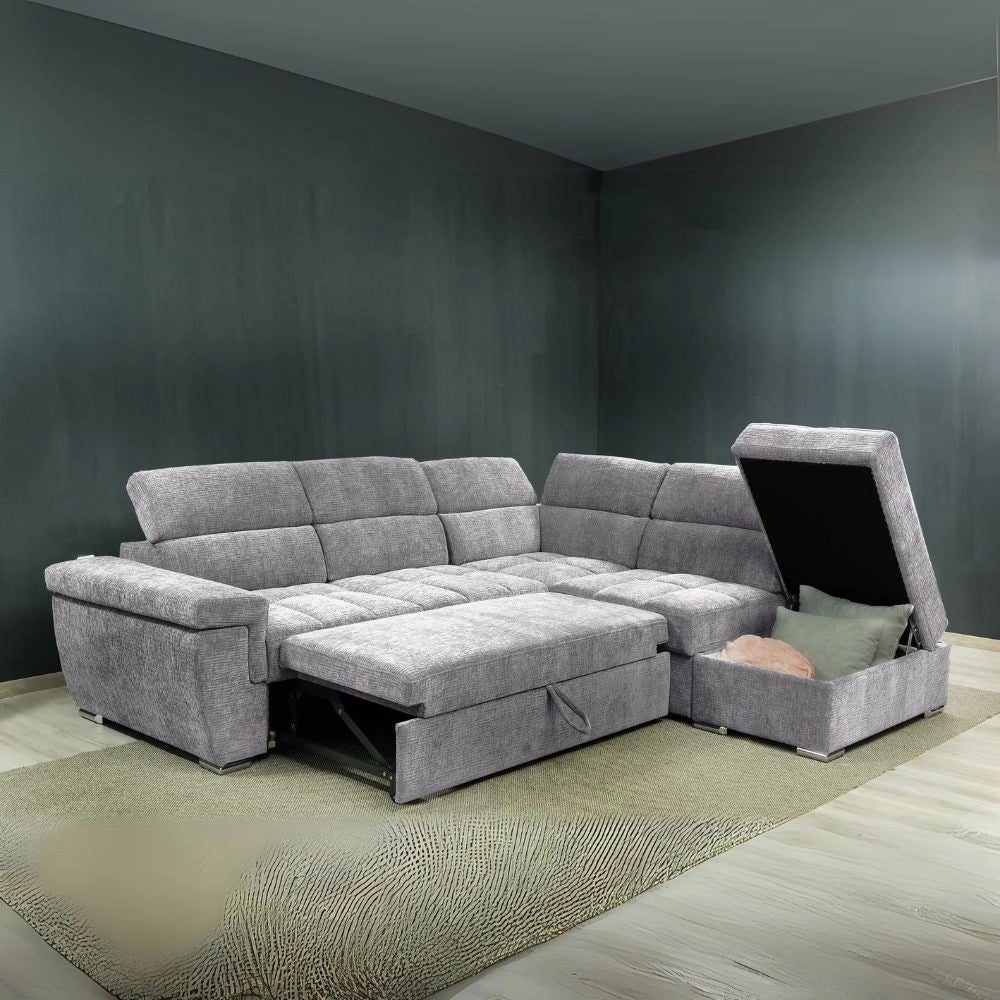 Divano letto angolare reversibile Amalfi con 5 poggiatesta regolabili e pouf in tessuto grigio chiaro