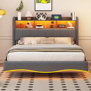 Letto imbottito matrimoniale 140×200 cm con LED; USB; Type-C; vano portaoggetti; senza materasso; grigio
