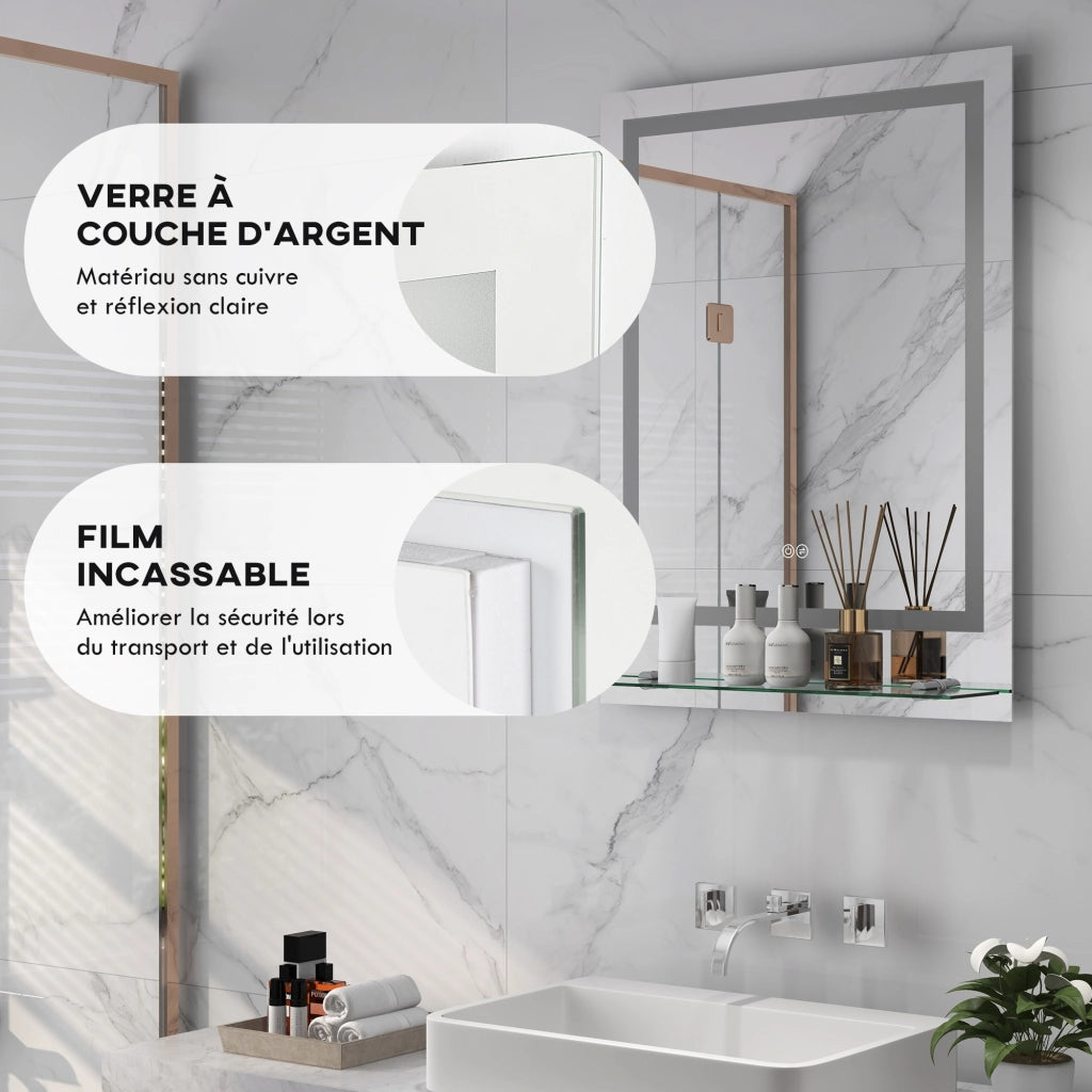 Specchio da Bagno Rettangolare con LED ¨C Xylo ¨C 70x50 cm Luminoso a Parete