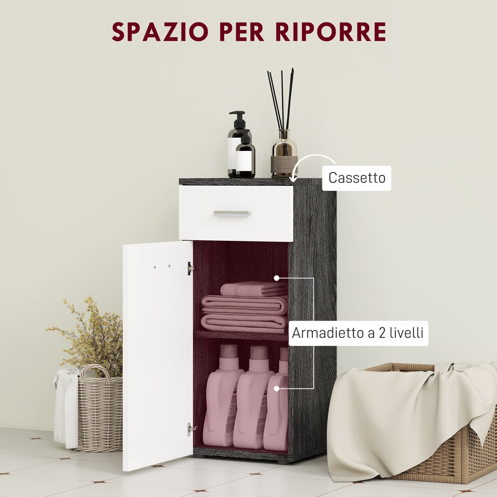 Mobile Bagno 35x30x77,5cm con Cassetto e Armadietto in Legno Bianco e Nero