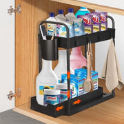 Organizzatore per cucina - Flessibile - Sotto il lavandino - 4 ganci - 2 livelli - Organizzatore lavandino - Sistema di stoccaggio per l'area intorno alla doccia