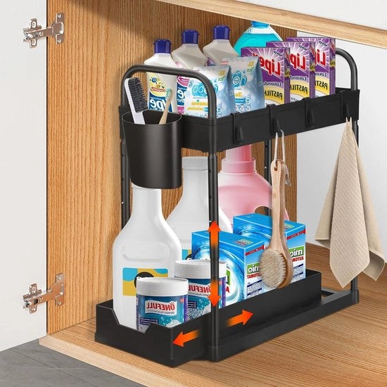 Organizzatore per cucina - Flessibile - Sotto il lavandino - 4 ganci - 2 livelli - Organizzatore lavandino - Sistema di stoccaggio per l'area intorno alla doccia