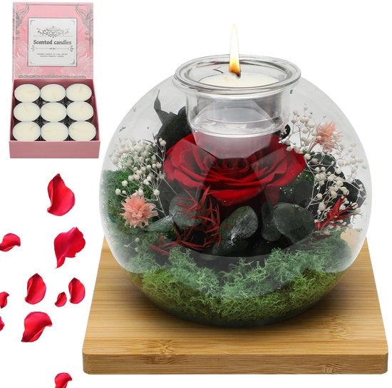Contenitore in vetro rotondo con candele a olio - 18 candele - supporto in legno - avvertenza di sicurezza - per uso interno - scatola di rose - codice prodotto: Solidchoice- Rooscadeau - numero di modello: met eeuwige rozen