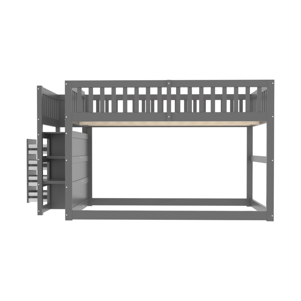 OKWISH Letto a Castello Basso 140×200 cm, Letto Matrimoniale con 4 Cassetti, Scala e Sponda Alta, senza Materasso, in Legno, Grigio