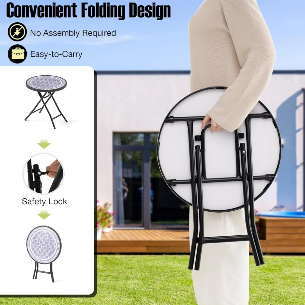 Tavolo da giardino rotondo pieghevole, tavolino da terrazza da 45,7 cm con piano in vetro temperato, telaio in metallo, interno esterno, per giardino, balcone, portico, soggiorno