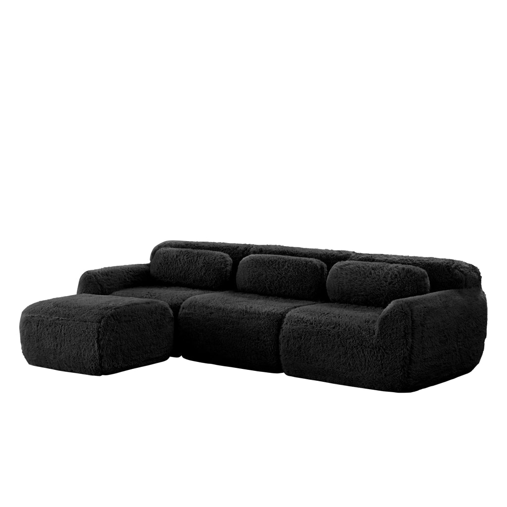 Divano angolare modulare con Penisola, senza Montaggio, Base Antiscivolo, con Cuscini, in Peluche, Nero