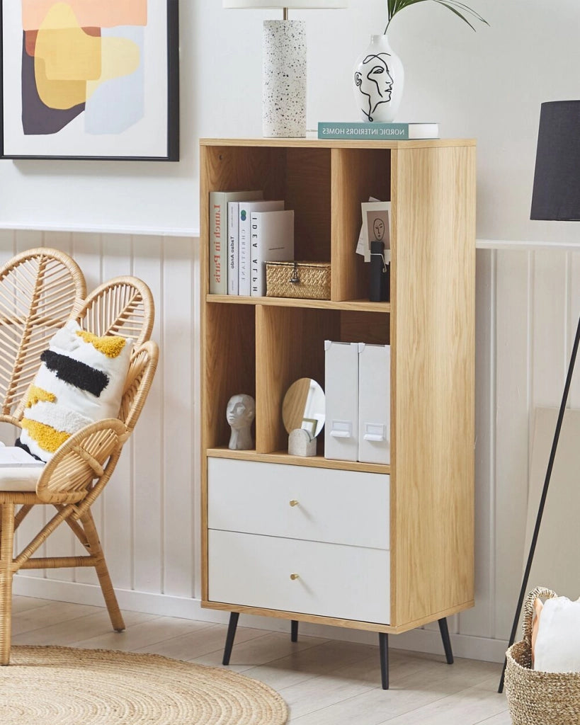 Libreria in rovere chiaro con MDF bianco 139 x 60 x 40 cm Contenitore con cassetti moderno