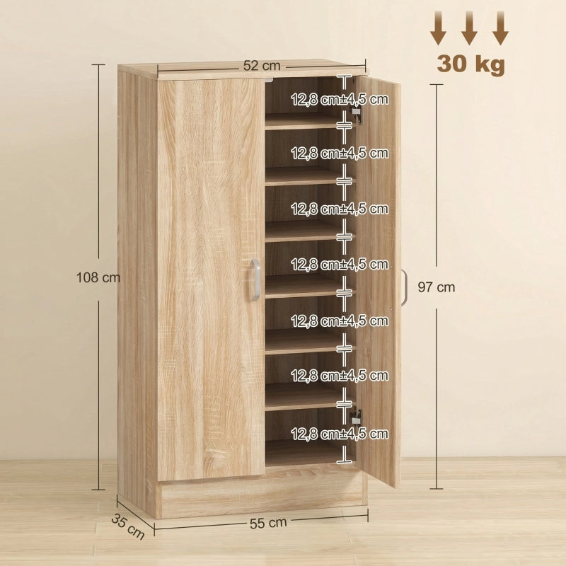 Scarpiera con 2 ante e 6 ripiani regolabili, per 14 paia, cerniere a chiusura ammortizzata, in legno naturale, 55 × 35 × 108 cm