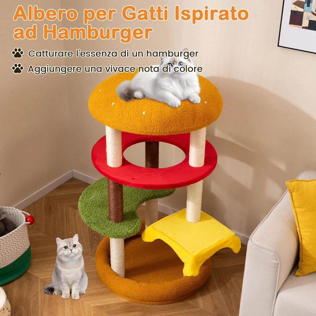 Albero per Gatti 106 cm, Tiragraffi per Gatti a Tema Hamburger con Trespolo Imbottito, Letto Spazioso, Tiragraffi di Sisal e Cuscini Morbidi, Casetta per Gattini, 60 x 60 x 106 cm