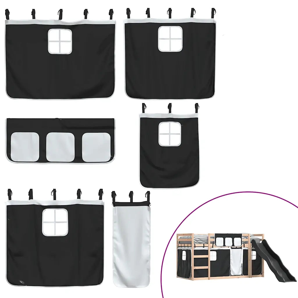 Letto singolo | Letto per adulti | Letto a Castello con Scivolo e Tende Bianco e Nero 80x200 cm