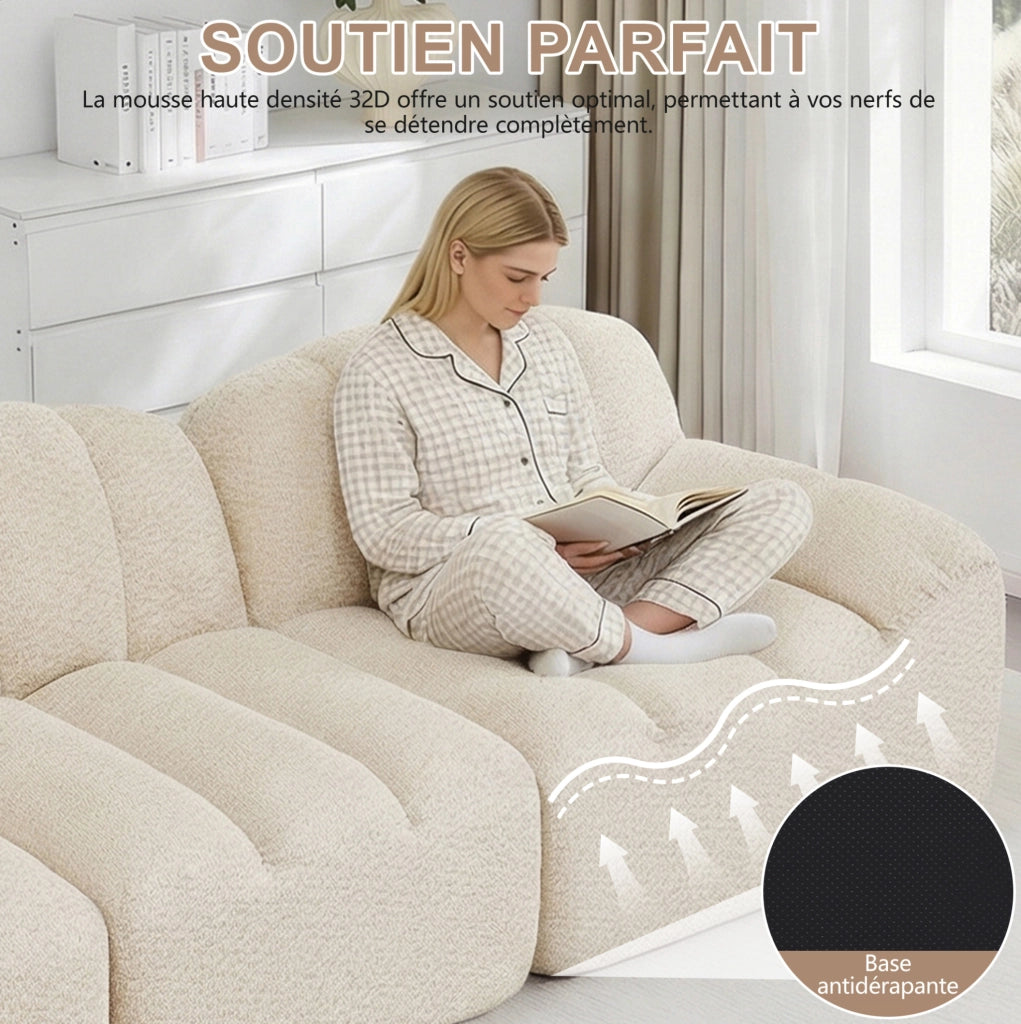 Divano modulare a 2 posti a forma di L con pouf, design senza telaio, beige chiaro