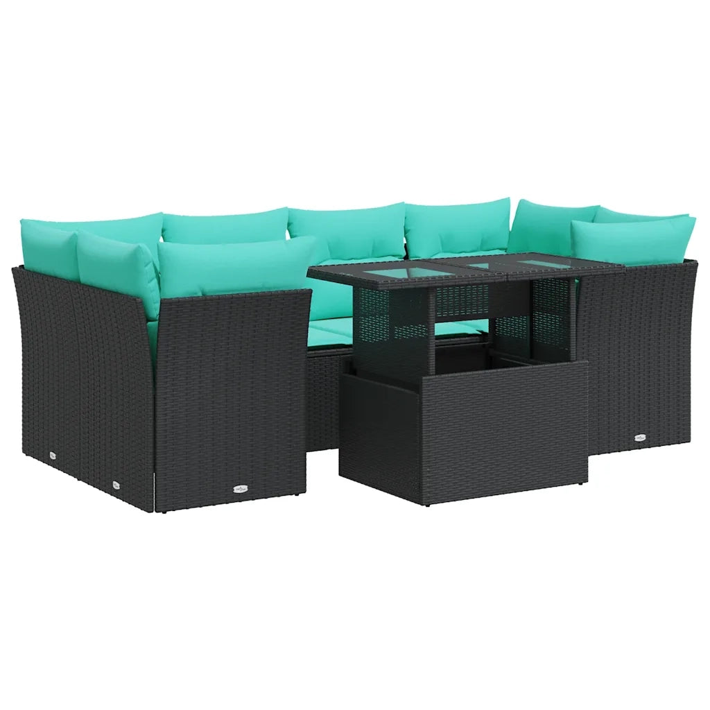 Set Divani da Giardino con Cuscini 7pz Nero Polyrattan Acacia
