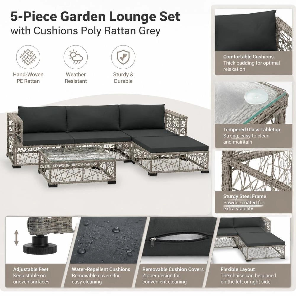 5-piece Garden Lounge Set With Cushions, Poly Rattan, Grey