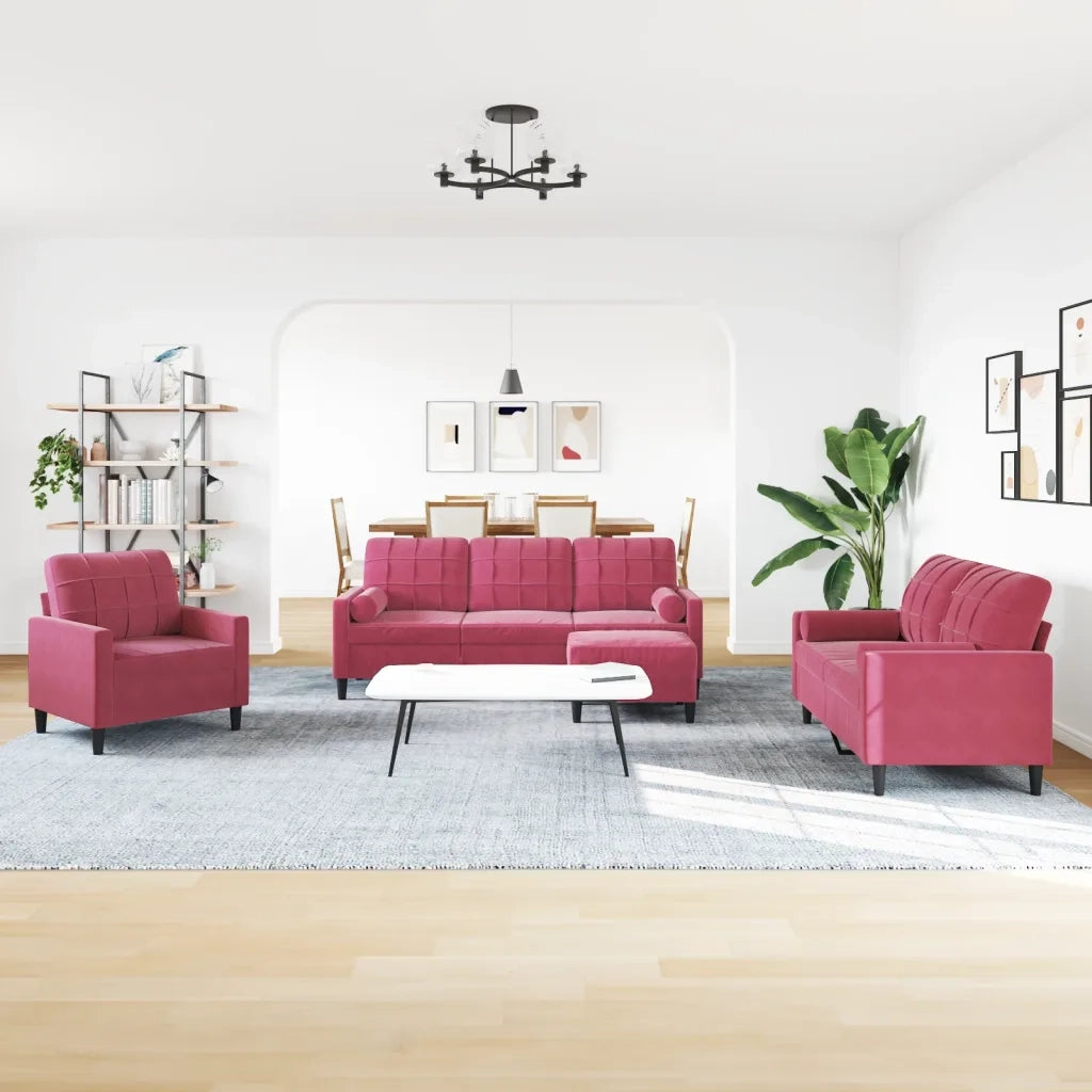 Set di Divani 4 pz con Cuscini e Rinforzi Rosso Vino in Velluto