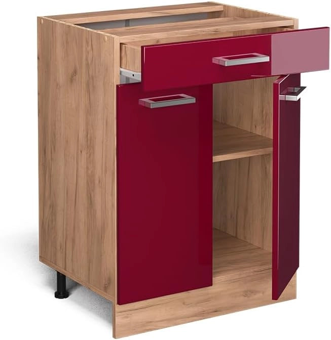 Mobiletto base per cucina R-Line, Rosso lucido, 60 cm con cassetto, senza piano di lavoro, per la libera combinazione all'interno di sistemi cucina modulari