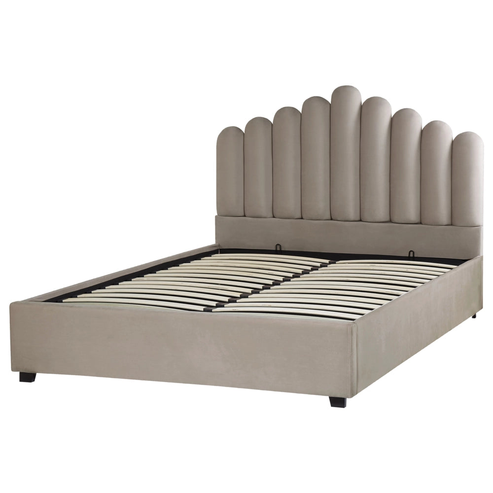 Letto contenitore matrimoniale rete a doghe velluto tortora 160 x 200 testiera a conchiglia