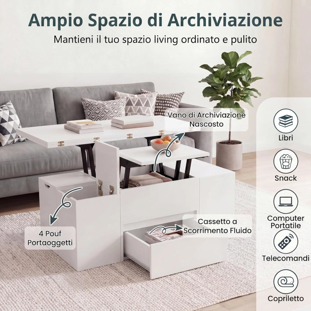 Tavolino da Caffè Sollevabile, Tavolini Salotto Moderno con 4 Sgabelli Ripiegabili, Vano Nascosto, 1 Cassetto, Carico 75 KG, Tavolo per Salotto, Ufficio, 100 X 100 X 62 CM (Bianco)