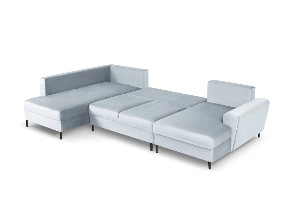Cosmopolitan Design - Divano panoramico convertibile sinistro con contenitore "Kyoto" 7 posti in velluto azzurro 