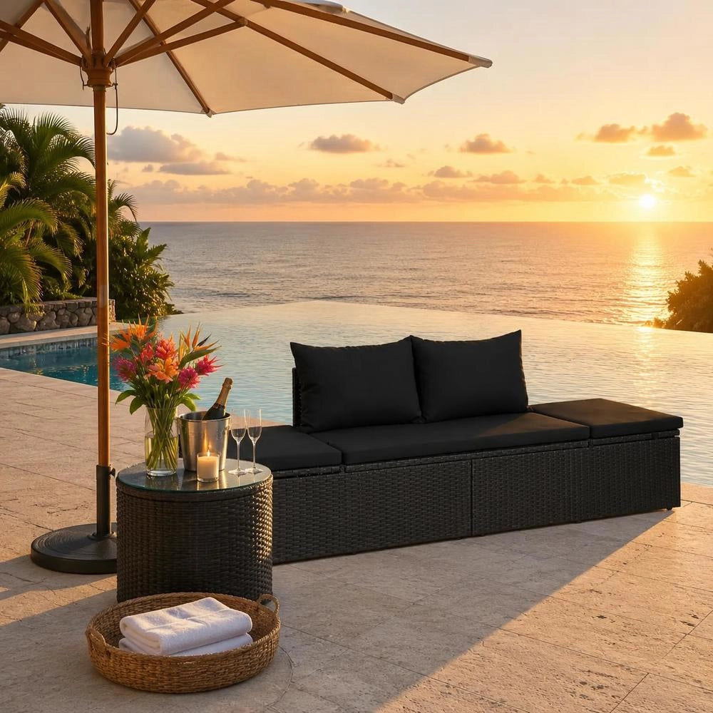 Sun Lounger With Cushion, Poly Rattan, Black