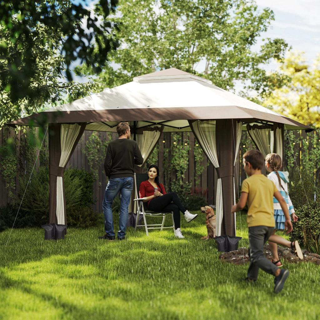 Gazebo 4x4m Ripiegabile pieghevole a piega regolabile in altezza impermeabile con pareti in rete UV 50+ Tenda pieghevole da giardino con borsa da trasporto sacchi di sabbia Gazebo da giardino per il festival del campeggio beige