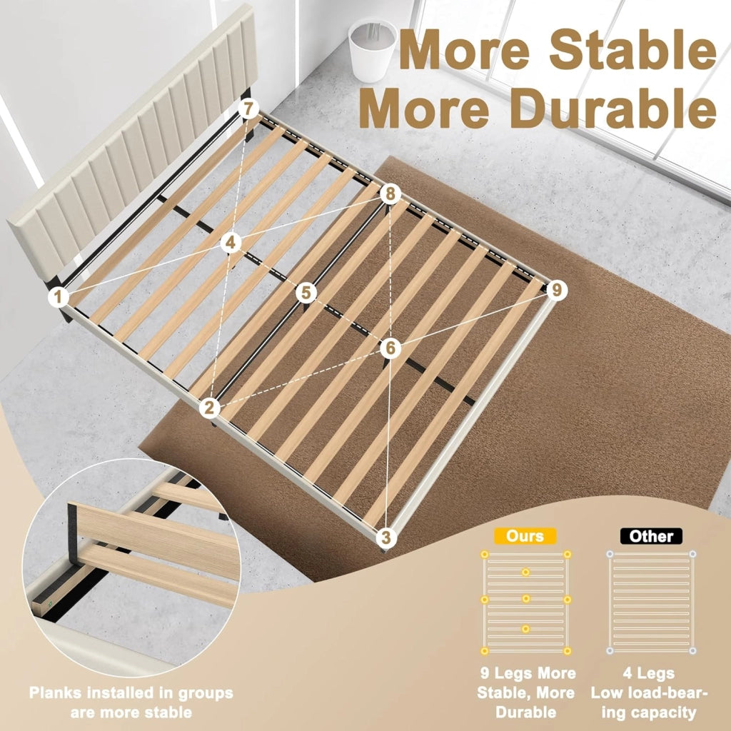 Telaio letto 160 x 200 cm, in metallo con testiera in velluto e rete a doghe, letto per ragazzi, letto matrimoniale, camera degli ospiti, beige