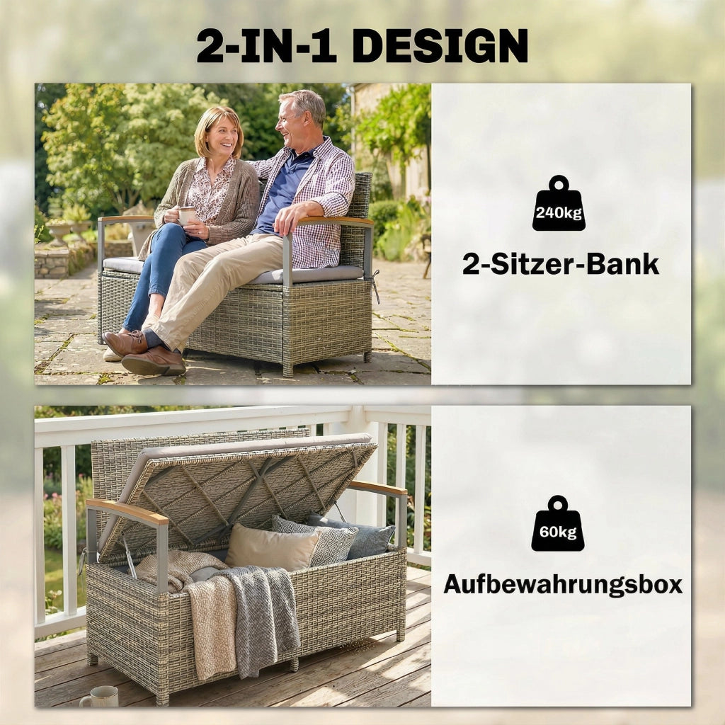 Panchina Giardino Polyrattan 2 Posti con Cuscini e Braccioli Legno ¨C Zephmum ¨C 170L