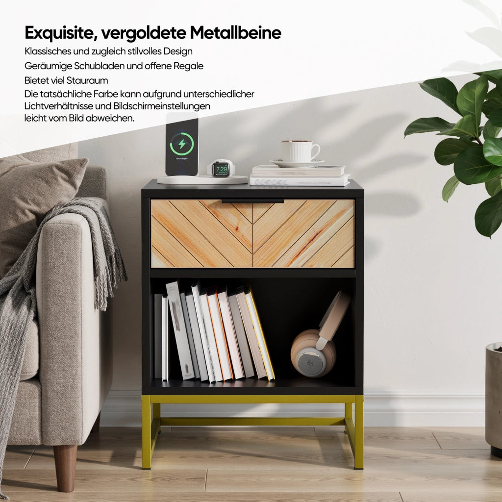 Comodino con 1 cassetto e 1 vano aperto per camera da letto soggiorno e salotto in MDF nero naturale 43 × 40 × 55 cm
