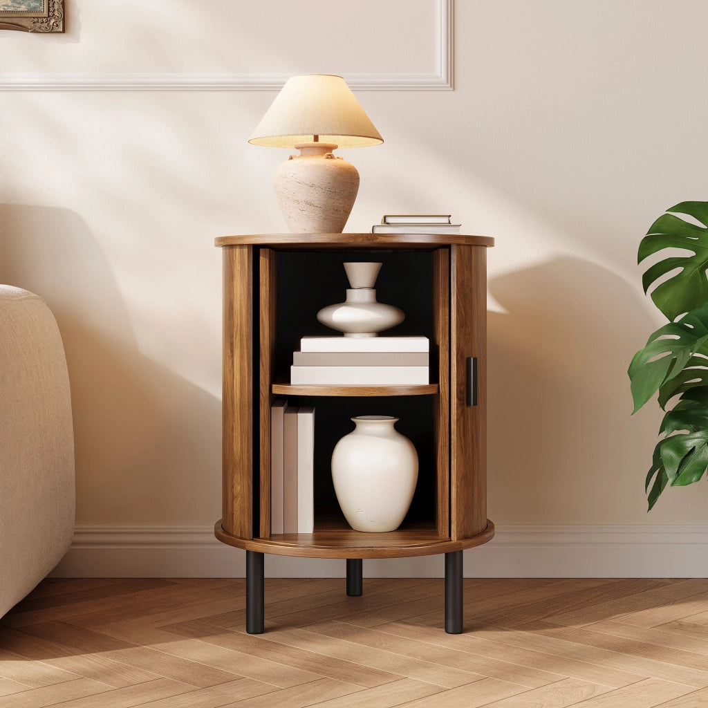 Mobile contenitore rotondo con anta scorrevole, finitura noce, 48x48x65 cm