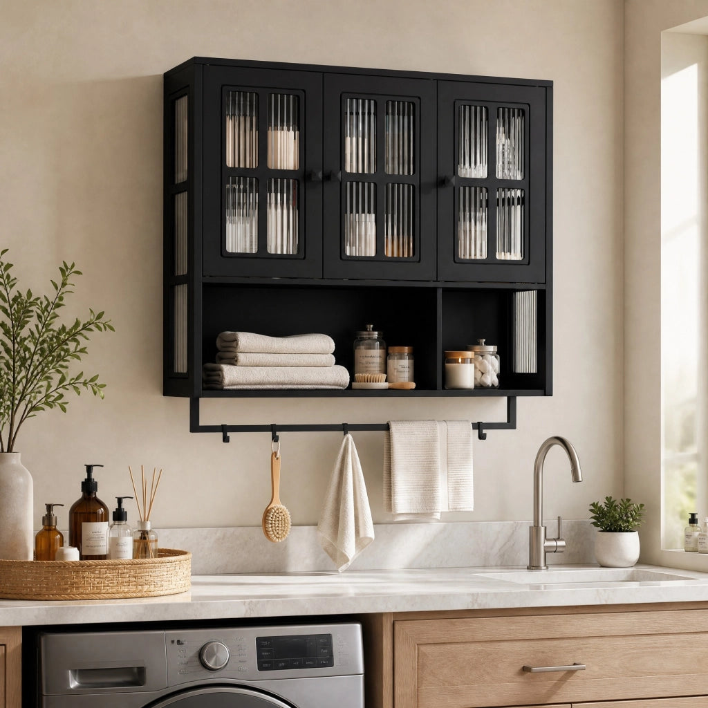 ARMADIO PENSILE 88x26x82,5 cm Nero in MDF e vetro temperato