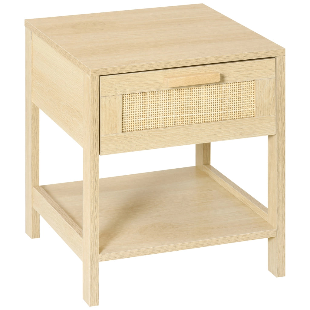 Comodino con cassetto e scaffale ¨C zephmum ¨C canna di rattan, legno chiaro, 40x40x48 cm