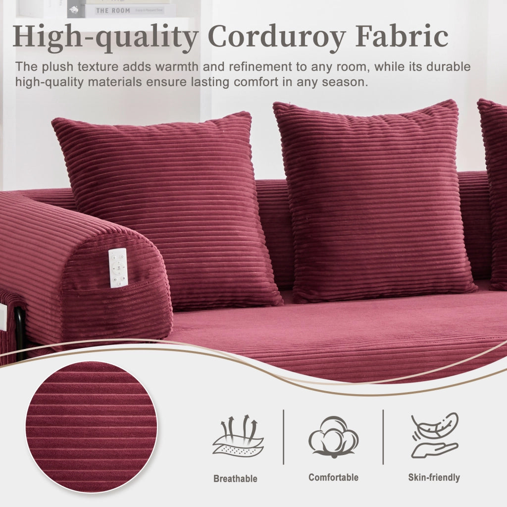 Divano modulare con struttura in metallo, tasca laterale e 3 cuscini, in velluto a coste rosso vino 200 × 94 × 67 cm