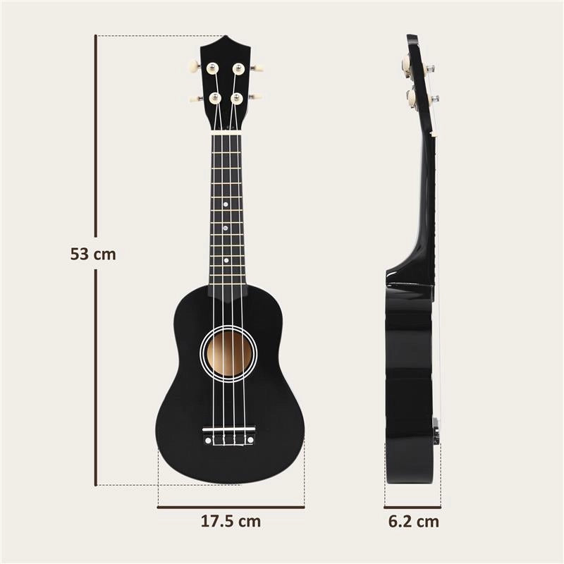 UKULELE PER PRINCIPIANTI DA 21 POLLICI IN LEGNO CON CORDE IN NYLON, PLETTRO E CORDA DI RICAMBIO, NERO