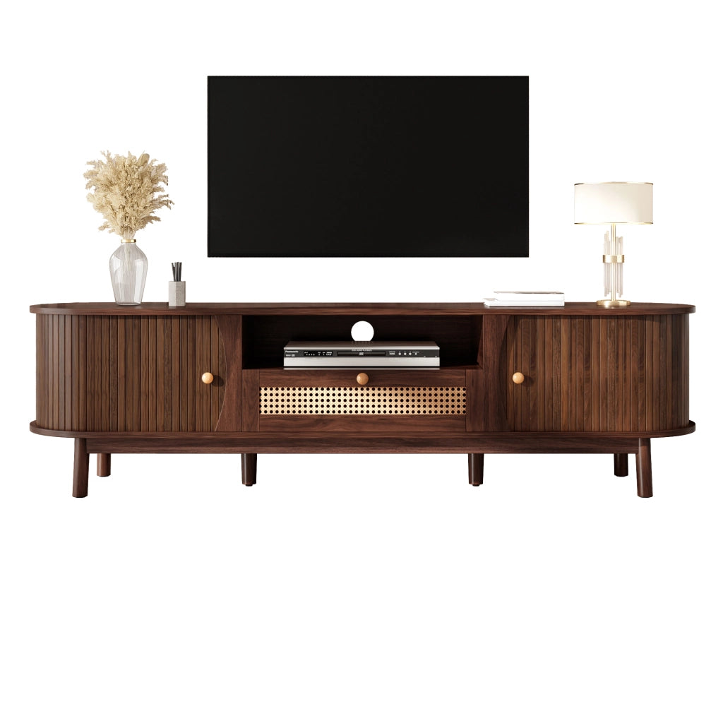 Mobile TV con 2 Ante Scorrevoli e 2 Cassetti in Rattan; Stile Country; Soggiorno; 165??37??46 cm; in MDF; Noce