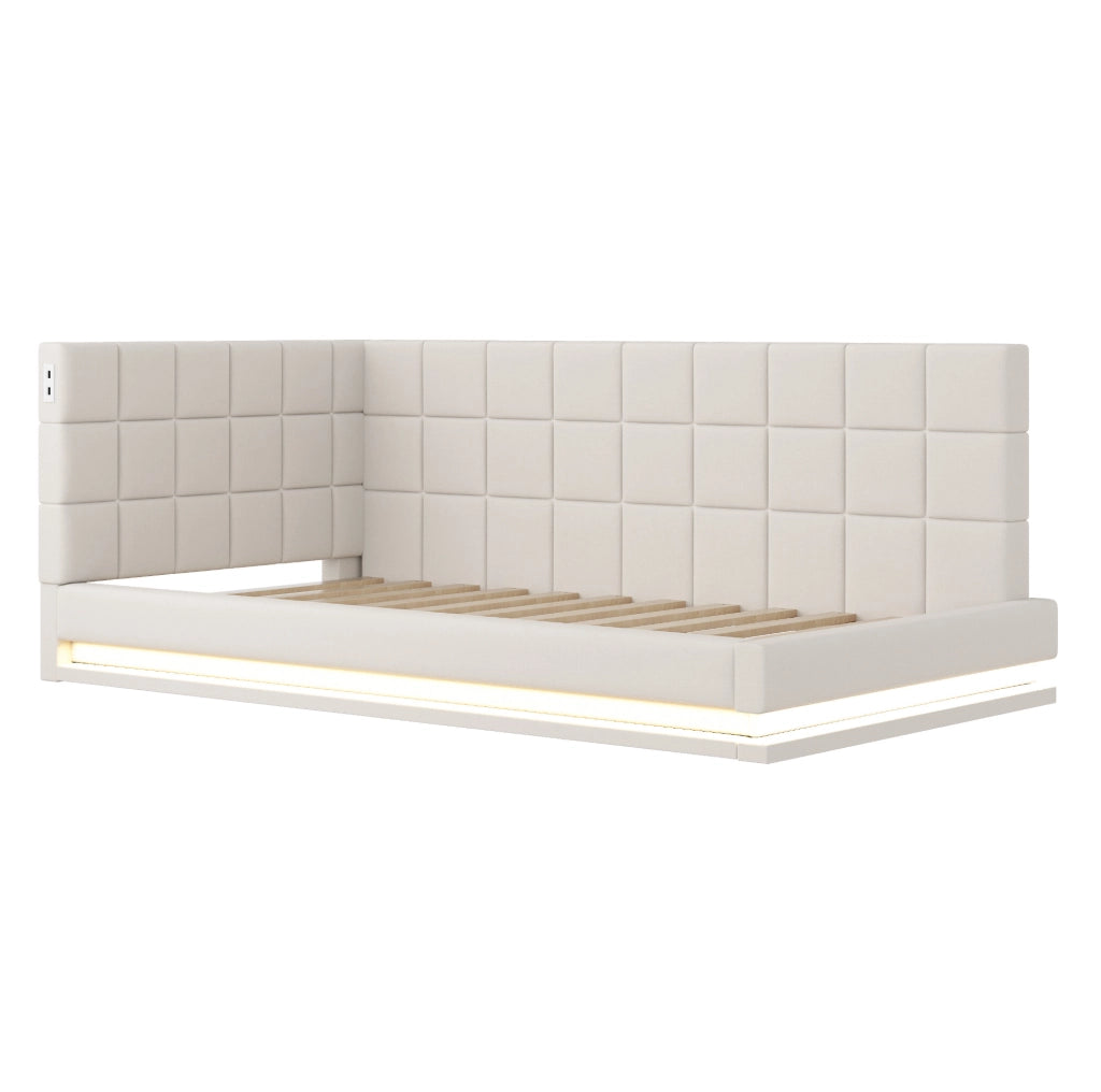 Divano letto imbottito 90x200 cm beige con LED e USB