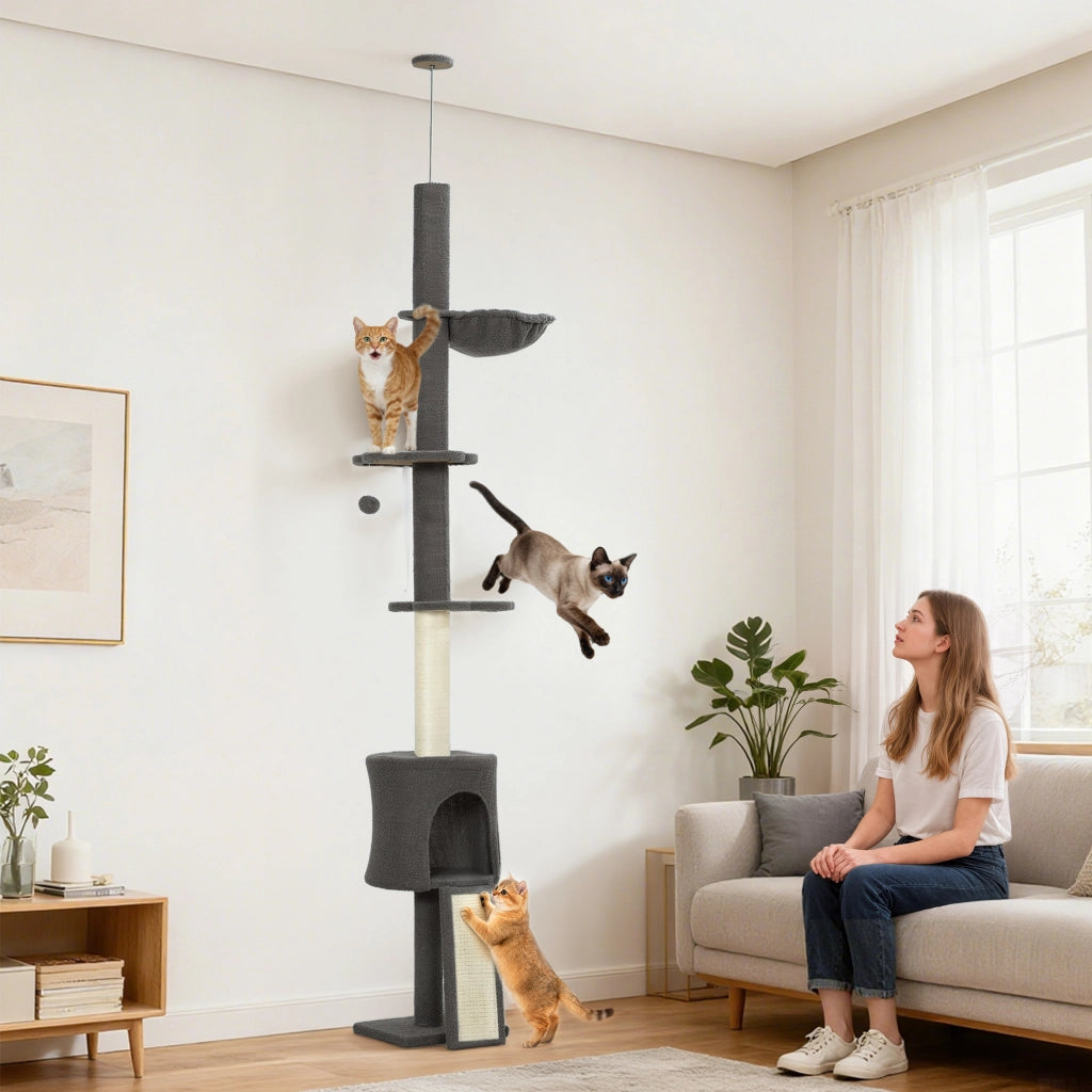 Albero tiragraffi con amaca e tana ¨C Zephmum ¨C Grigio tessuto regolabile