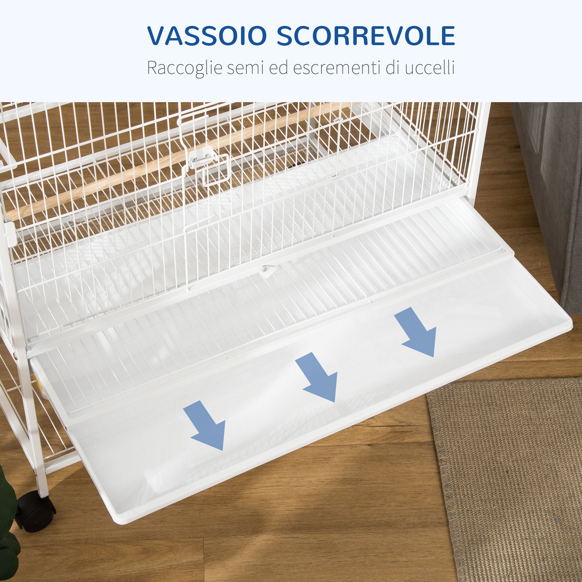 Gabbia per Uccelli da Interni 78x52x132 cm con Vassoio Estraibile 4 Ruote e Trespolo Bianco