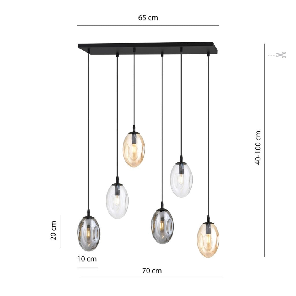 Lampada a sospensione Astral con sei luci in vetro e acciaio