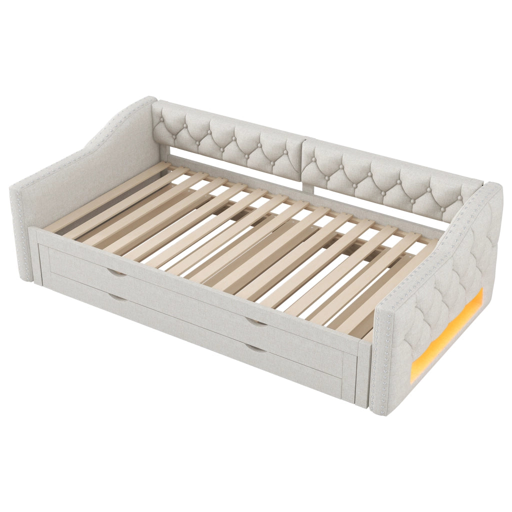 Letto Singolo 90x200 cm con LED; 3 Cassetti e Letto Estraibile in Beige