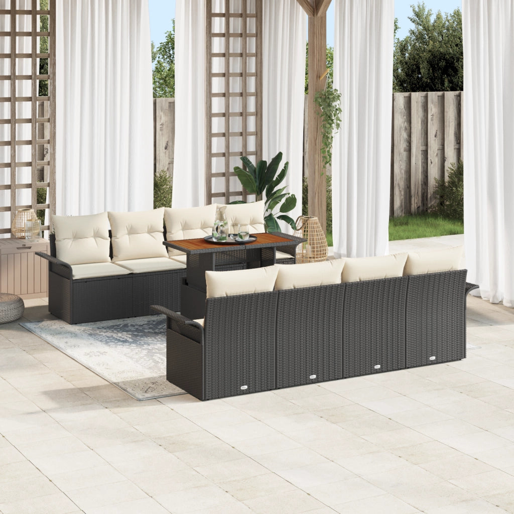 Set Divano da Giardino 9 Pezzi con Cuscini Vimini Sintetico Nero Acacia