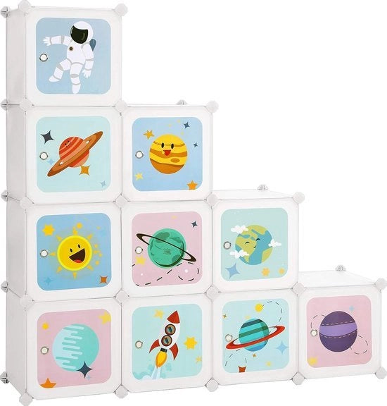 Sistema di archiviazione per bambini, armadio per bambini con porte, cassettiera multifunzione in plastica, organizzatore per scarpe, ripostiglio per giocattoli, 153 x 31 x 153 cm, bianco