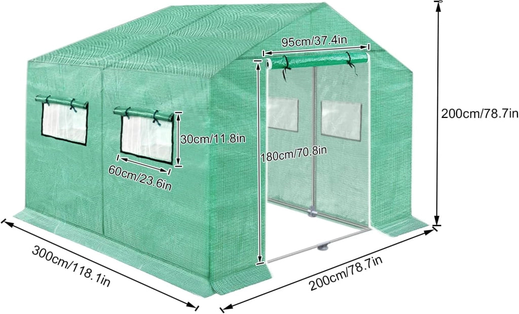 Serra da giardino in pellicola, 3 x 2 x 2 m, con telecomando e porta, per pomodori, per piante da giardino, verde