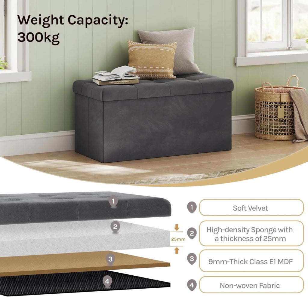 Panche contenitore per ingresso Cassapanca Pieghevole Ottomane in velluto, Max Portata Statica di 300 kg, 80 L, 76x37,5x38 cm Grigio