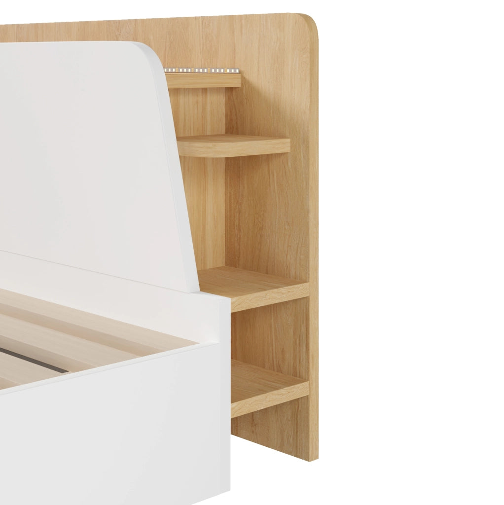 Letto contenitore 140x200 cm con USB Tipo-C e LED; in legno; bianco e naturale