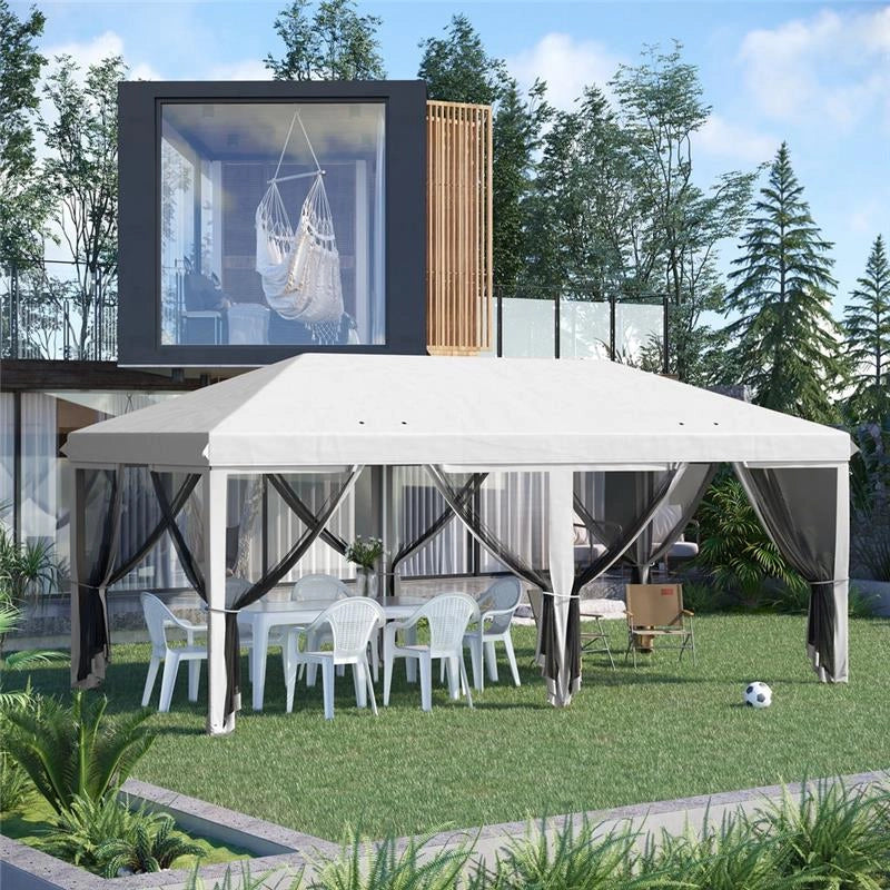 GAZEBO PIEGHEVOLE CON 6 TENDE ZANZARIERA E STRUTTURA IN ACCIAIO, 585X295X270CM, BIANCO CREMA