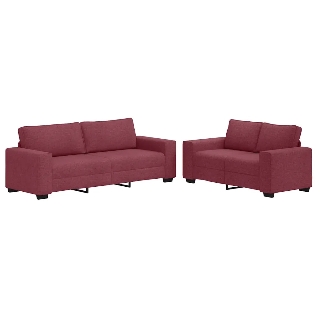 Set di Divani 2 pz con Cuscini Rosso Vino in Tessuto