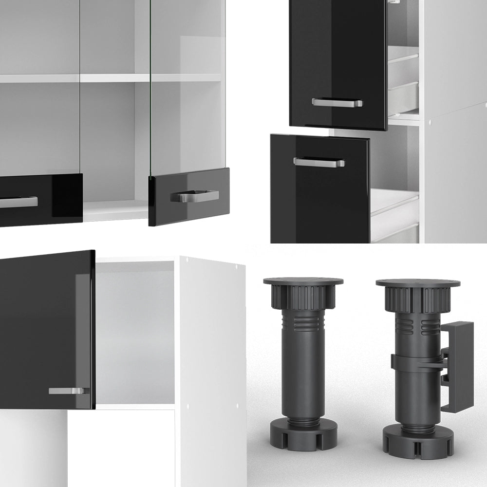 Vicco Cucina componibile Rovere nero lucido/bianco 350 cm con armadio alto, PL Marmo